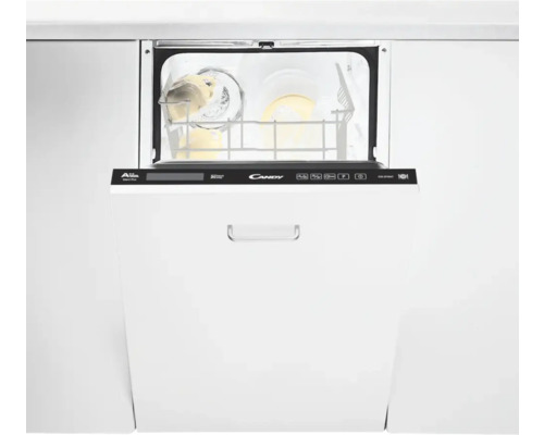 Umývačka riadu Candy s otvorenými dvierkami v kuchynskej linke