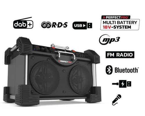 Stavebné rádio Perfectpro s digitálnym rádiom, FM rádiom, USB portom a Bluetooth