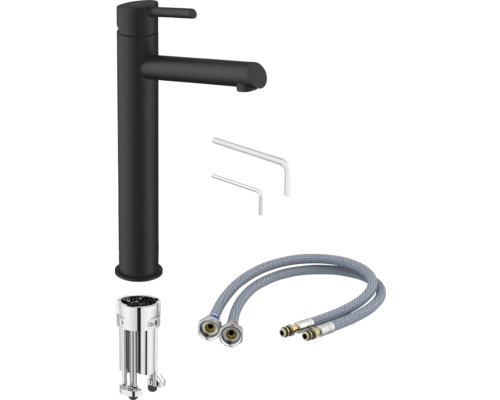 Umývadlová batéria v čiernej farbe s inštalačným materiálom