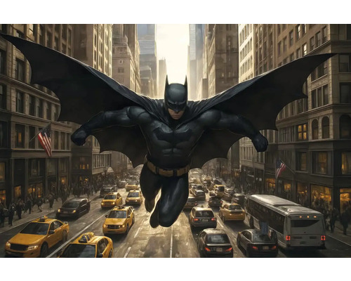 Batman letí nad rušnou ulicou v meste.