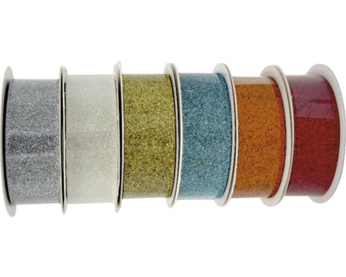 Vianočná stuha 2,5 x 300 cm, rôzne druhy Sada šiestich trblietavých stúh na cievkach.