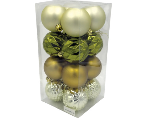 Vianočné gule set 16 ks zlato-zelené Viacfarebné vianočné gule v priehľadnej nádobe