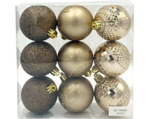 Deväť vianočných gúľ s rôznymi povrchmi v krabici