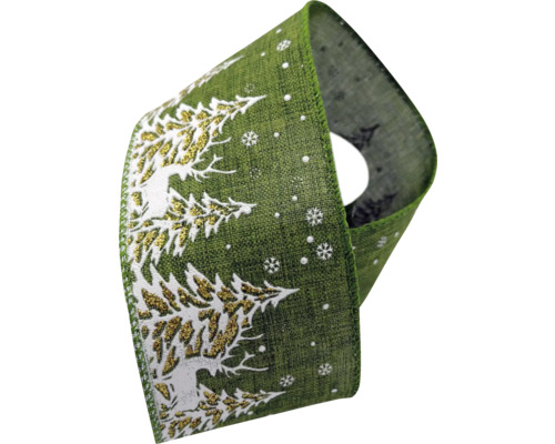 Vianočná stuha dekor stromčeky 6 x 300 cm zelená Ozdobná stuha s motívom vianočného stromčeka a snehových vločiek na Vianoce