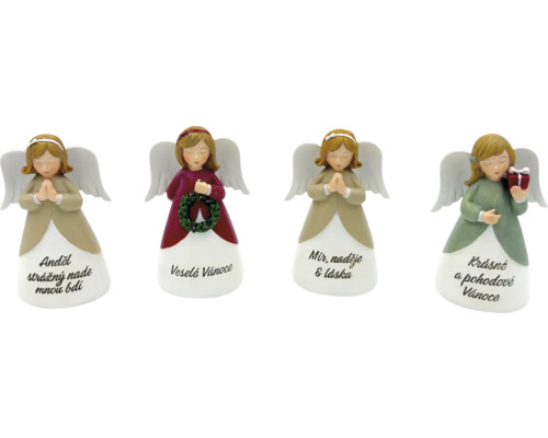 Vianočné dekorácie anjel s prianím 11 cm, rôzne druhy Štyri figúrky vianočných anjelov s rôznymi posolstvami