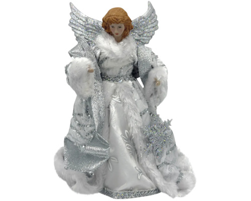 Vianočná ozdoba anjel s vločkou strieborný Špička na vianočný stromček anjel so striebornými šatami a krídlami