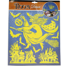 Svietiace okenné dekorácie na Halloween s čarodejnicami, netopiermi a domami na dekoráciu izby