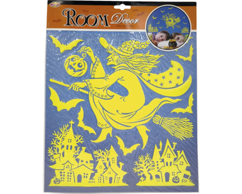 Svietiace okenné dekorácie na Halloween s čarodejnicami, netopiermi a domami na dekoráciu izby