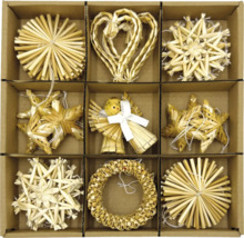 Sada deviatich slamených hviezd a slamených figúrok na dekoráciu