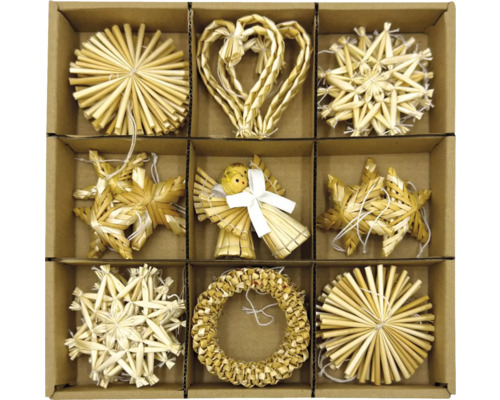 Vianočné slamené ozdoby sada 24 ks Sada deviatich slamených hviezd a slamených figúrok na dekoráciu