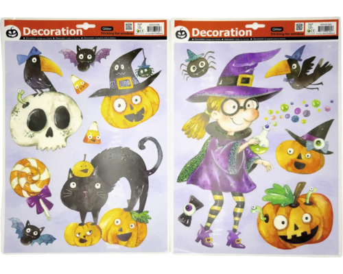 Dva hárky halloweenskych samolepiek na okná s trblietkami