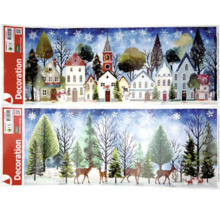 Obrázky na okno so zimnou dedinou, stromami, jeleňmi a líškami