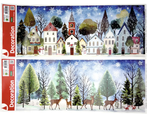 Dekoračná fólia na okno ZIMNÁ KRAJINA, rôzne druhy Obrázky na okno so zimnou dedinou, stromami, jeleňmi a líškami