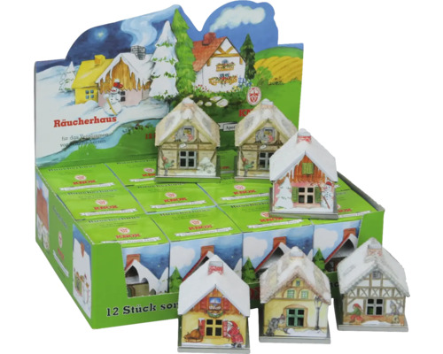 Domček pre františka plechový 6,7 cm x 6,7 cm x 7 cm biela červená béžová Displej s dvanástimi vonnými domčekmi na použitie s vonnými sviečkami