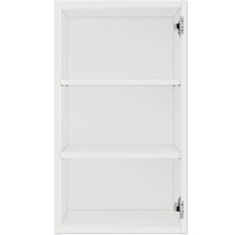 Vnútorný pohľad na bielu kúpeľňovú skrinku s dvoma policami a kovaním