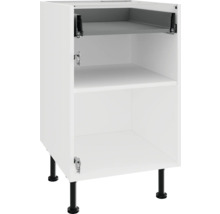 Biela spodná kuchynská skrinka s policami a čiernymi nohami