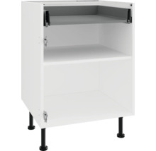 Biela spodná skrinka s dvoma policami a čiernymi nohami.