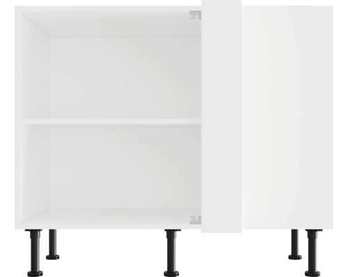 Biela spodná kuchynská skrinka s policou a čiernymi nožičkami