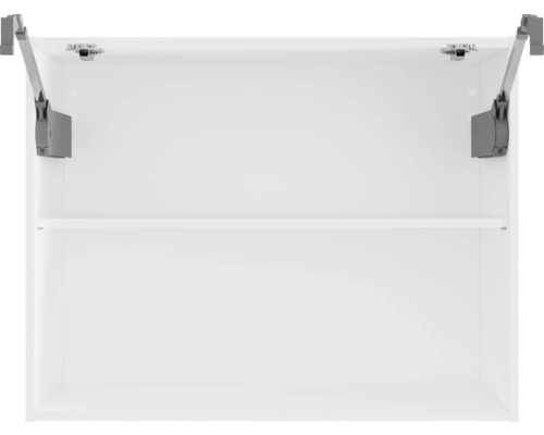 Biela nástenná skrinka s jednou policou a otvorenými dvierkami