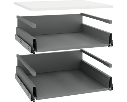 Dve sivé zásuvkové vložky s výsuvnými lištami a biela stolová doska.