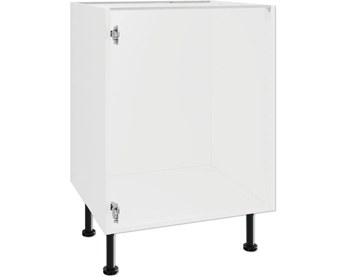 Biela kuchynská spodná skrinka s čiernymi nohami.