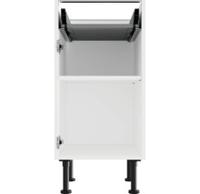 Biela spodná skrinka s dvoma otvorenými priehradkami a čiernymi nohami