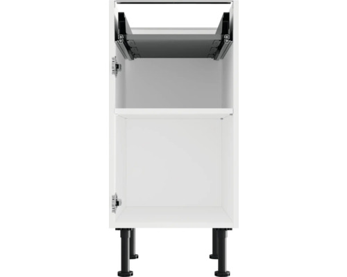 Biela spodná skrinka s dvoma otvorenými priehradkami a čiernymi nohami