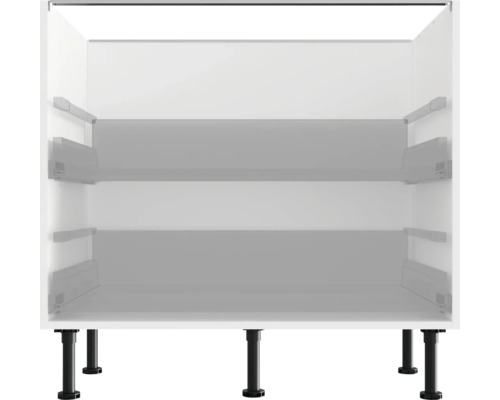 Biela kuchynská spodná skrinka s nastaviteľnými nohami.