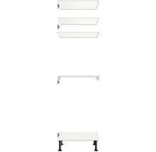 Biela skrinka pod umývadlo so štyrmi zásuvkami a čiernymi nohami.