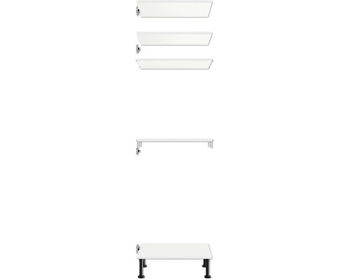 Biela skrinka pod umývadlo so štyrmi zásuvkami a čiernymi nohami.