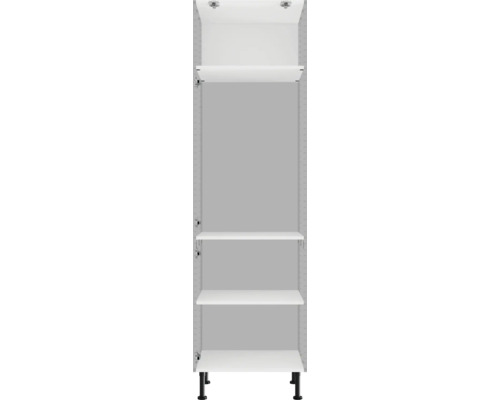 Biela závesná skrinka s policami a čiernymi nožičkami na montáž na stenu