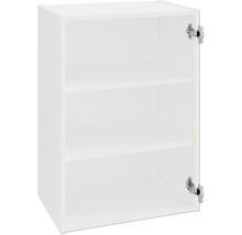 Otvorená biela kuchynská skrinka s tromi policami