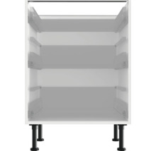 Biela spodná skrinka s výsuvnými prvkami a čiernymi nožičkami.