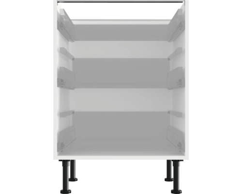 Biela spodná skrinka s výsuvnými prvkami a čiernymi nožičkami.