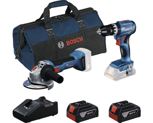 Sada Bosch Professional, Príklepový skrutkovač 18V – GSB18V 45 + Uhlová brúska GWS18V 8, vrátane 2x aku 18V 4.0Ah, rýchlonabíjačky a tašky Sada náradia Bosch s vŕtačkou, uhlovou brúskou, nabíjačkou, batériami a taškou na náradie