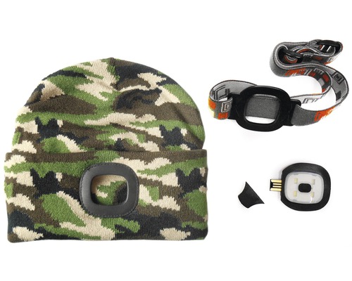 Čiapka s čelovkou, maskovací vzor a USB port