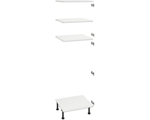 Biela polica s čiernymi nohami a montážny uholník pre montáž na stenu