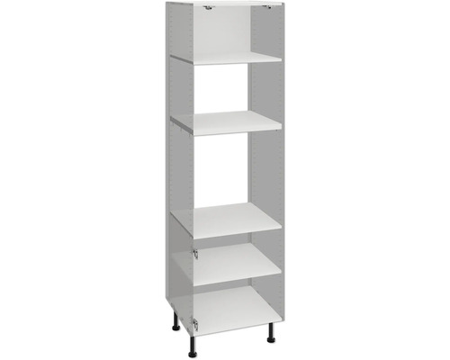 Otvorená vysoká skriňa s niekoľkými policami a nastaviteľnými nožičkami