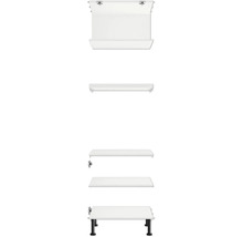 Biele umývadlo so skrinkou a čiernymi nohami