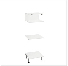 Tri pohľady na biely kúpeľňový nábytok s policou a nožičkami