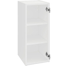 Biela závesná skrinka s policami a otvorenými dvierkami