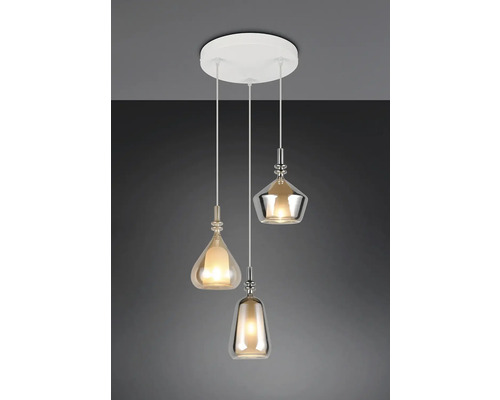 Závesné svietidlo s tromi sklenenými telesami rôznych tvarov