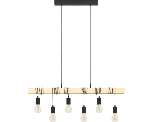 Závesné svietidlo so šestimi žiarovkami na drevenom tráme