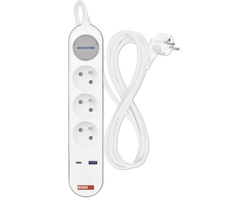 Predlžovací kábel Emos 3 zásuvky s USB A, C 2 m biely Predlžovací kábel s tromi zásuvkami a dvoma USB portami od spoločnosti Emos