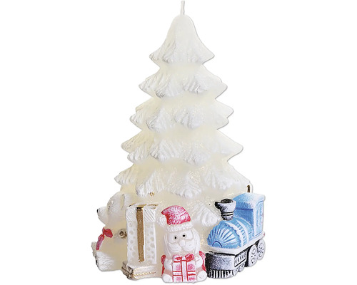 Sviečka vianočná STROM S DARČEKMI 9,5x15cm Dekoratívna vianočná sviečka v tvare vianočného stromčeka s medvedíkom, Santa Clausom a vlakom