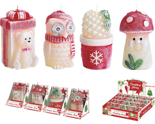 Sviečka FIGÚRKY vianočná 8cm 80g MOM 20ks Sada sviečok s vianočným motívom, pozostávajúca z medveďa, sovy, ananásu a muchotrávky