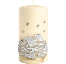Dekoratívna stĺpová sviečka s motívom zimnej dediny a snehovými vločkami