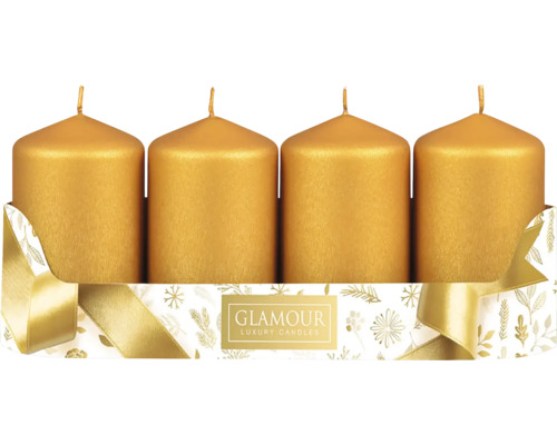 Sviečka adventná PEGAS ŠTRUKTUR škrabaná 4ks Štyri sviečky v tvare stĺpov v zlatej farbe v dekoratívnom balení.