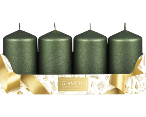 Sviečka adventná PEGAS ŠTRUKTUR škrabaná 4ks Štyri zelené stĺpové sviečky v balení so stuhou