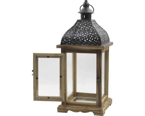 Dekoratívna lampa z dreva a skla s otvorenými dverami.